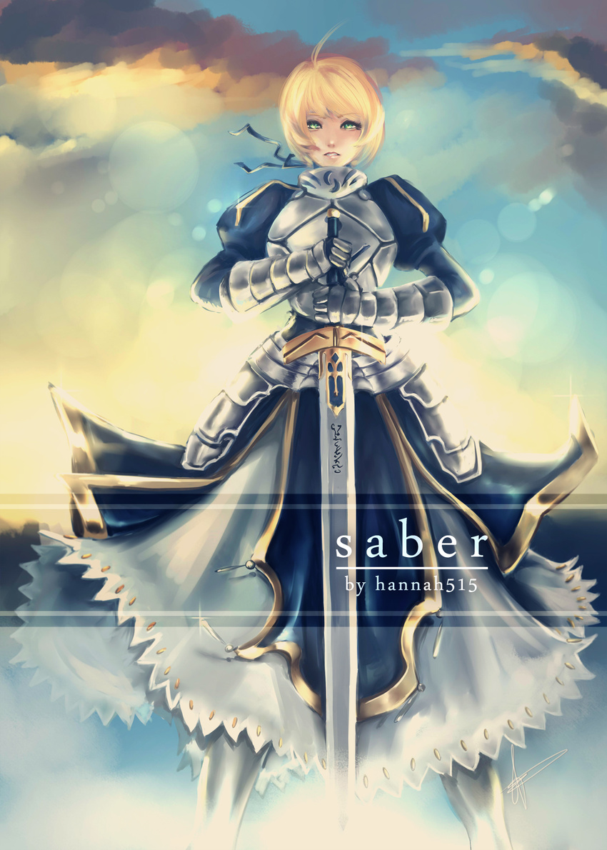 ahoge armor armored_dress artoria_pendragon_(fate) blonde_hair breastplate commentary_request excalibur_(fate/stay_night) fate/stay_night fate_(series) faulds female gauntlets green_eyes hair_ribbon hannah_santos highres lips long_skirt photoshop_(medium) ribbon saber_(fate) short_hair skirt solo sword weapon