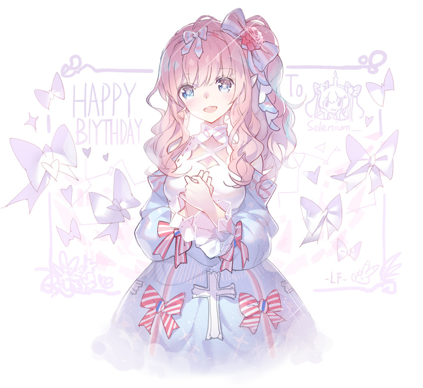 :d blue_dress blue_eyes blush bow brown_hair candle commentary_request cross detached_sleeves dress english_text engrish_text female hairbow happy_birthday head_tilt heart latin_cross linfi-muu long_hair long_sleeves looking_at_viewer open_mouth original puffy_long_sleeves puffy_sleeves ranguage side_ponytail sidelocks smile solo star_(symbol) striped striped_bow teeth upper_teeth_only