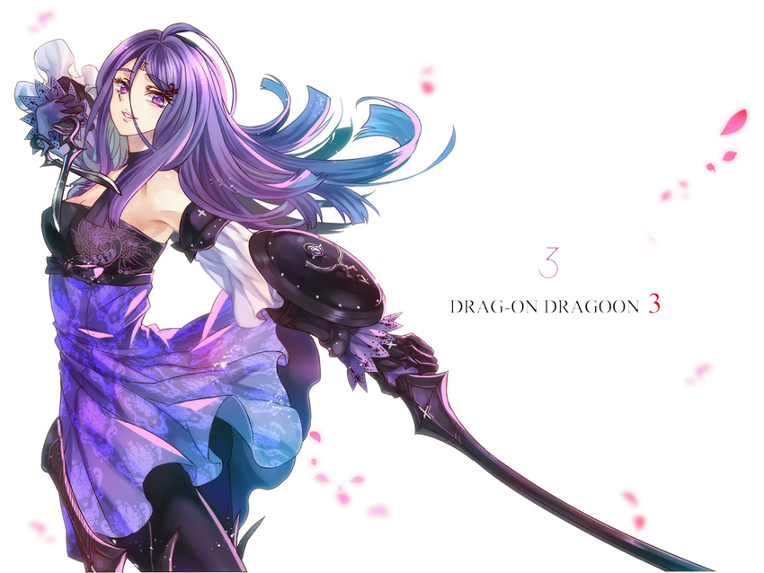 buckler detached_sleeves drag-on_dragoon drag-on_dragoon_3 nadir petals purple_eyes purple_hair scissors shield sword three_(drag-on_dragoon) violet_eyes weapon