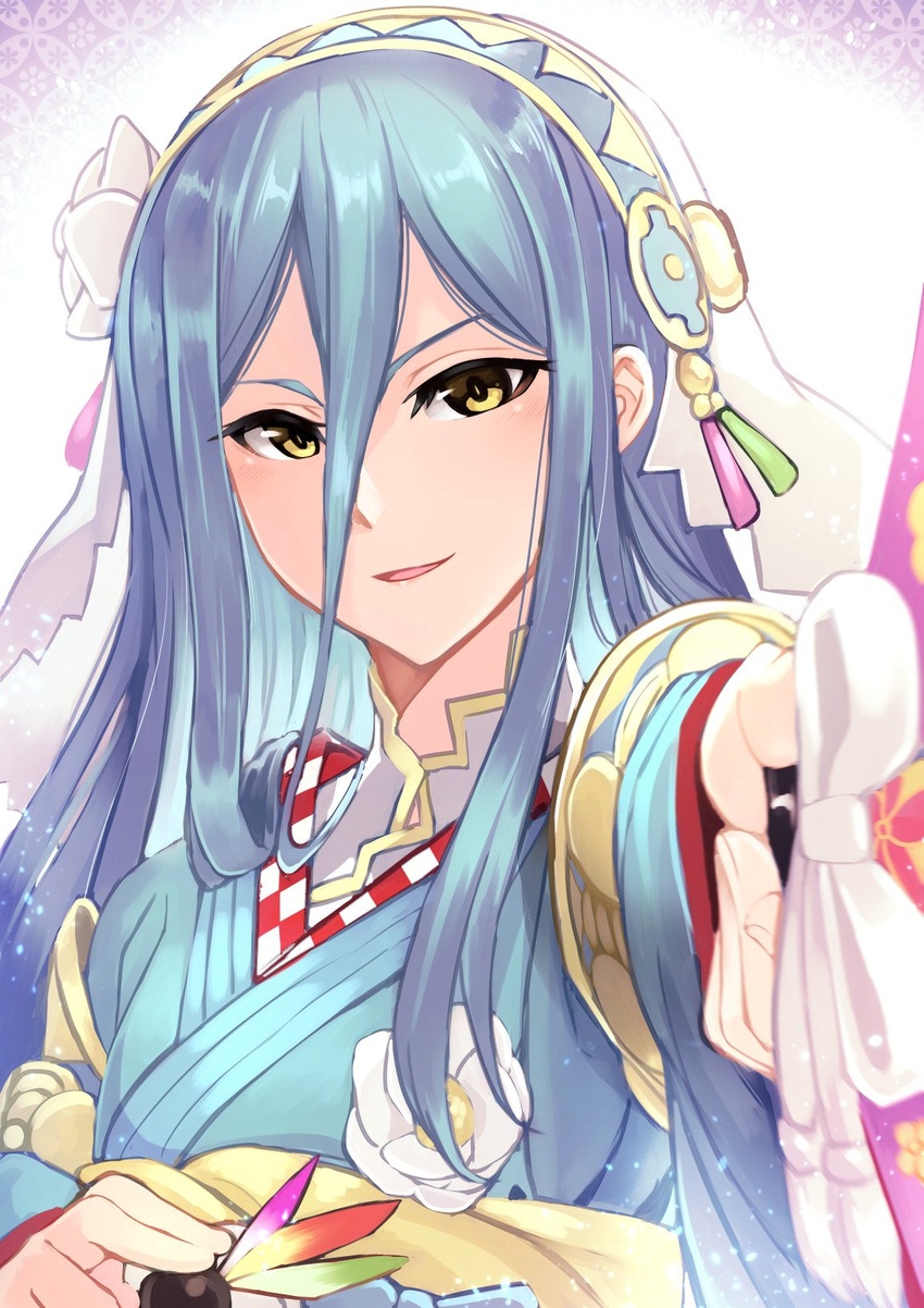 azura_(fire_emblem) azura_(new_year)_(fire_emblem) blue_hair commentary_request female fire_emblem fire_emblem_fates fire_emblem_heroes flower hair_flower hair_ornament hand_fan highres japanese_clothes kimono long_hair looking_at_viewer nakabayashi_zun obi sash smile solo white_kimono yellow_eyes yukata