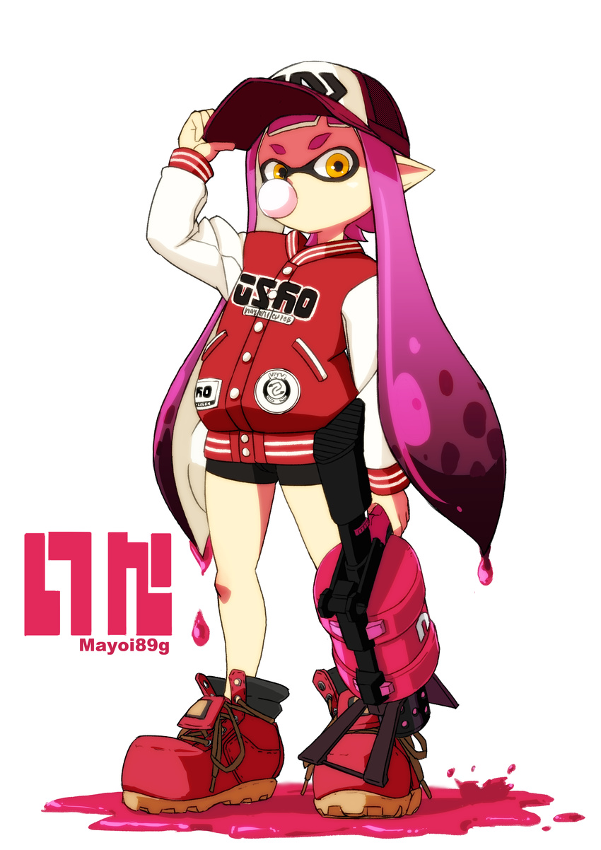 .52_gal_(splatoon) absurdres baseball_cap bike_shorts blowing_bubbles boots bubble chewing_gum commentary_request female hat highres inkling inkling_girl inkling_player_character jacket letterman_jacket long_hair long_sleeves mayoi89g monster_girl pink_hair pointy_ears solo splatoon_(series) splatoon_1 tentacle_hair yellow_eyes