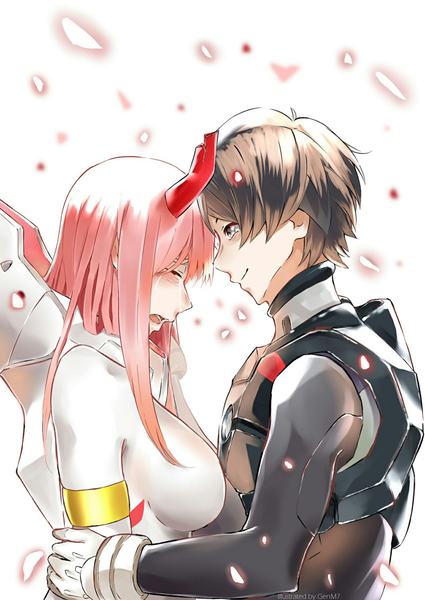 1boy asymmetrical_horns black_bodysuit black_hair bodysuit breasts closed_eyes commentary couple crying darling_in_the_franxx female forehead-to-forehead genm7 gloves heads_together highres hiro_(darling_in_the_franxx) horns large_breasts long_hair looking_at_another military military_uniform oni_horns pilot_suit pink_hair red_horns science_fiction single_horn straight uneven_horns uniform white_bodysuit white_gloves zero_two_(darling_in_the_franxx)