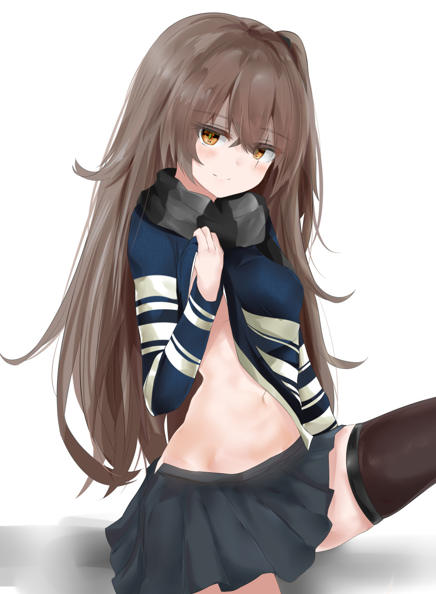 absurdres black_footwear black_scarf black_skirt black_thighhighs blush brown_eyes chinese_commentary closed_mouth clothes_lift commentary_request crossed_bangs eyes_visible_through_hair female girls'_frontline grey_hair hair_between_eyes highres holding lifting_own_clothes long_hair looking_at_viewer miniskirt navel no_bra official_alternate_costume one_side_up pleated_skirt ru_zhai scar scar_across_eye scar_on_face scarf sidelocks simple_background sitting skirt smile solo stomach striped_clothes striped_scarf striped_sweater sweater sweater_lift thighhighs ump45_("just_this_time.")_(girls'_frontline) ump45_(girls'_frontline) very_long_hair white_background zettai_ryouiki