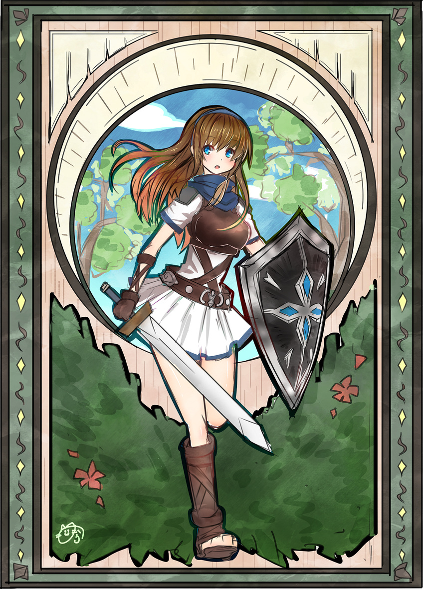 armor belt blue_eyes blue_sky blush breastplate brown_hair bush cloud cloudy_sky commentary_request female gauntlets gloves highres holding holding_shield holding_sword holding_weapon leg_up long_hair nora_(salatto) open_mouth peltasta_(tree_of_savior) plant shield short_sleeves skirt sky solo sword tree tree_of_savior weapon