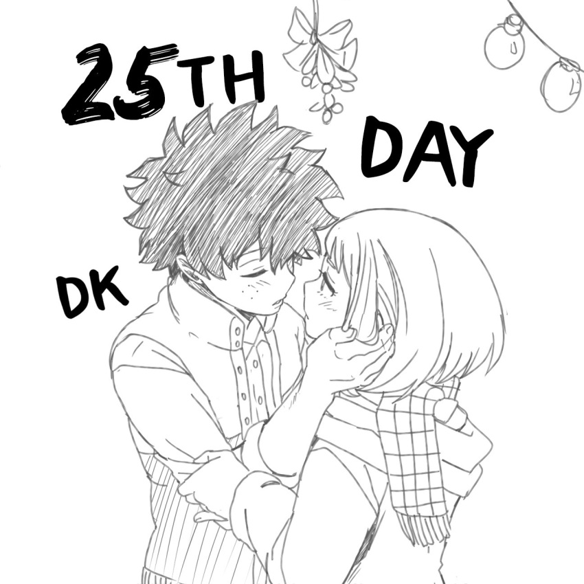 1boy blush boku_no_hero_academia closed_eyes coat commentary couple english_commentary female freckles greyscale hand_on_another's_face highres imminent_kiss krumbs_(dailykrumbs) looking_at_another midoriya_izuku mistletoe monochrome official_style scarf short_hair signature straight unfinished upper_body uraraka_ochako vest winter_clothes winter_coat