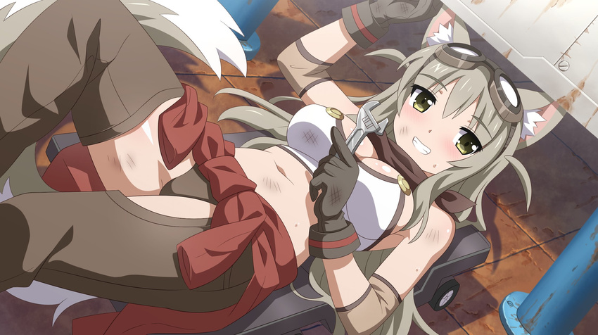 adjustable_wrench animal_ears bandana blush breasts cleavage clothes_around_waist commentary_request dutch_angle elbow_pads female fox_ears fox_tail gloves goggles goggles_on_head grey_hair grin hair_flaps halterneck highres large_breasts lily_the_mechanic long_hair looking_at_viewer lost_pause lying mechanic midriff navel on_back smile solo tail wanaca wrench yellow_eyes