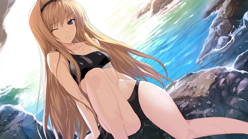 barefoot bikini blonde_hair blue_eyes breasts female game_cg long_hair ocean onigirikun pastel_chime_3 shirley_corvette solo swimsuit very_long_hair water wet wink