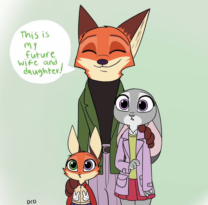 2017 anthro bottomwear canid canine closed_eyes clothed clothing dialogue dipstick_ears disney duo ear_markings english_text fan_character father_(lore) female fox fur green_eyes group hand_on_shoulder heterochromia hi_res hybrid jacket judy_hopps lagomorph leporid male mammal mother_(lore) multicolored_ears nick_wilde open_mouth pants parent_(lore) purple_eyes rabbit red_fox short simple_background size_difference skelly_doll skirt smile text topwear true_fox violet_(zootopia) young zootopia