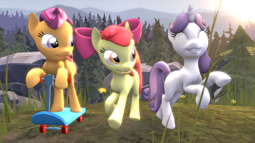 16:9 3d_(artwork) 4k absurd_res amber_eyes apple_bloom_(mlp) closed_eyes cutie_mark_crusaders_(mlp) digital_media_(artwork) earth_pony equid equine feathered_wings feathers female feral friendship_is_magic garry's_mod group hair hasbro hi_res horn horse mammal motor_scooter motor_vehicle multicolored_hair my_little_pony mynokiarules mythological_creature mythological_equine mythology nude orange_body orange_feathers outside pegasus plant pony purple_eyes purple_hair red_hair scootaloo_(mlp) smile sweetie_belle_(mlp) tree two_tone_hair unicorn widescreen wings young young_feral