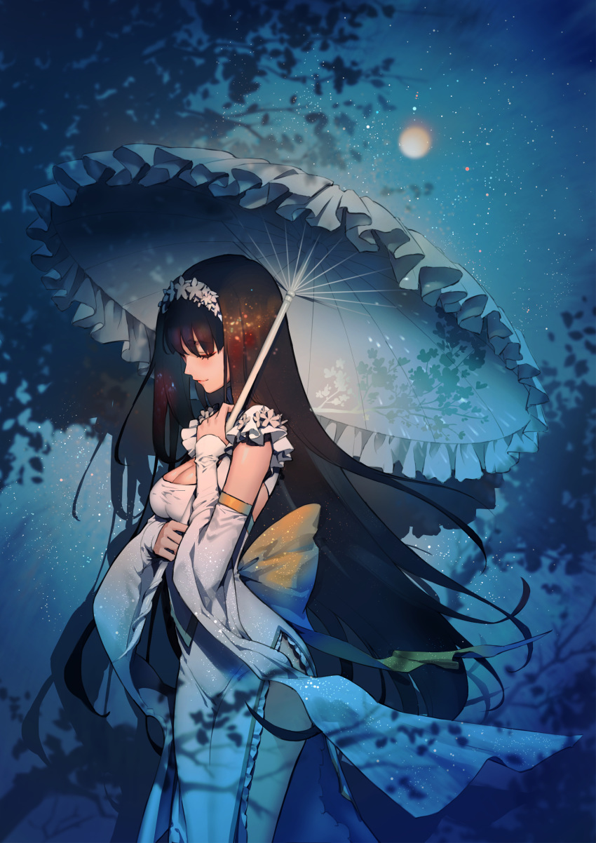 absurdres bangs black_hair breasts chang'e chinese_clothes cleavage closed_eyes closed_mouth destiny_child detached_sleeves dress eyelashes eyeshadow feet_out_of_frame female frills full_moon headdress highres holding holding_umbrella karesuki lace_trim long_hair long_sleeves makeup medium_breasts moon night night_sky outdoors pelvic_curtain side_slit sky sleeves_past_wrists smile solo standing star_(sky) starry_sky thighs transparent tree umbrella very_long_hair white_dress wide_sleeves