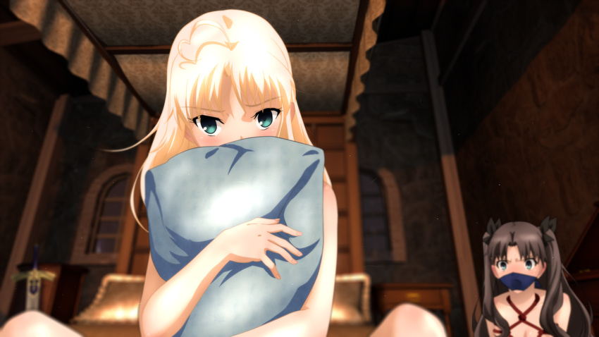 2girls ahoge artoria_pendragon_(fate) bed blonde_hair blue_eyes blush bondage brown_hair canopy_bed cloth_gag commentary_request excalibur_(fate/stay_night) fate/stay_night fate_(series) gag gagged genya_(genya67) green_eyes highres improvised_gag knees long_hair multiple_girls over_the_nose_gag pillow red_rope restrained rope saber_(fate) tohsaka_rin twintails