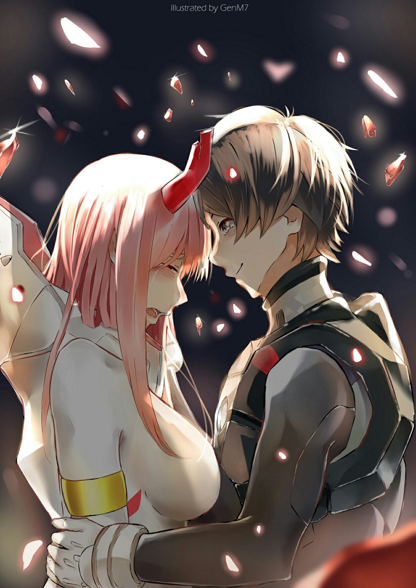 1boy asymmetrical_horns black_bodysuit black_hair bodysuit breasts closed_eyes commentary couple crying darling_in_the_franxx female forehead-to-forehead genm7 gloves heads_together highres hiro_(darling_in_the_franxx) horns large_breasts long_hair looking_at_another oni_horns pilot_suit pink_hair red_horns science_fiction single_horn straight uneven_horns white_bodysuit white_gloves zero_two_(darling_in_the_franxx)