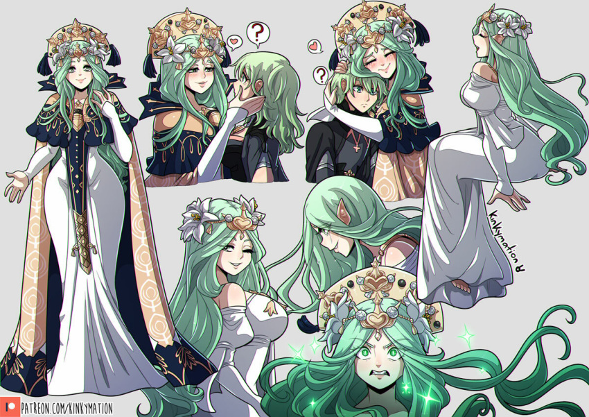 1boy 2girls angry bisexual bisexual_(female) byleth_(fire_emblem) byleth_(fire_emblem)_(female) byleth_(fire_emblem)_(male) fire_emblem fire_emblem:_three_houses green_hair kinkymation nintendo question_mark reference_sheet rhea_(fire_emblem) wink