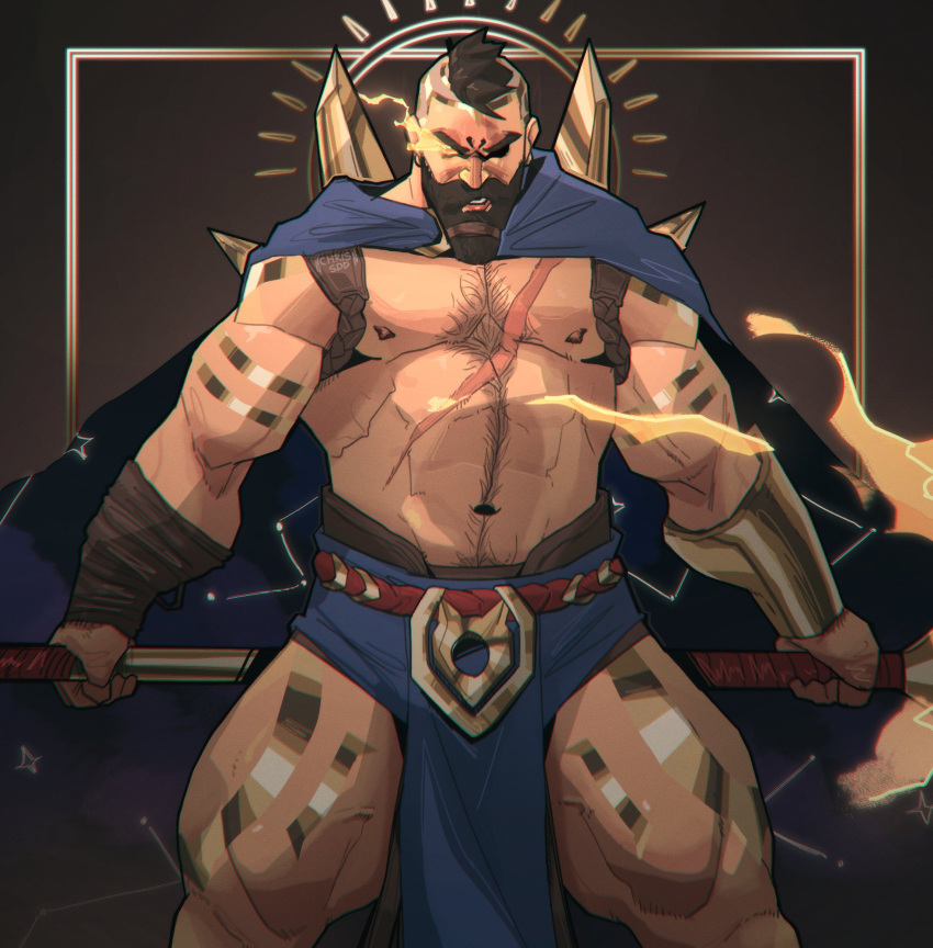 1boy 2022 abs atreus_(league_of_legends) bara barazoku beard biceps blush cape chris_sdd clothing facial_hair gay hairy hairy_chest hi_res highres league_of_legends male male_focus male_only male_pubic_hair manly muscles muscular muscular_arms muscular_male nipples pantheon riot_games solo solo_male tattoos