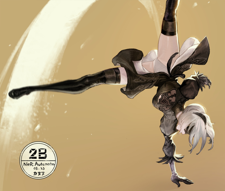 2b_(nier:automata) black_blindfold black_dress black_footwear black_hairband blindfold boots breasts cleavage cleavage_cutout closed_mouth clothing_cutout commentary_request covered_eyes dated dress feather-trimmed_sleeves female hairband handstand highleg highleg_leotard highres juliet_sleeves kim_hana leotard long_sleeves medium_breasts nier:automata nier_(series) one_arm_handstand profile puffy_sleeves short_dress side_slit solo thigh_boots thighhighs thighhighs_under_boots turtleneck vambraces white_hair white_leotard