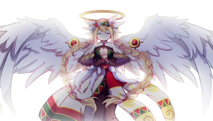 angel archangel_(p&d) blonde_hair braid breasts cleavage closed_eyes commentary_request emia_wang female fingerless_gloves gloves halo headdress long_hair medium_breasts photoshop_(medium) puzzle_&_dragons twin_braids wings