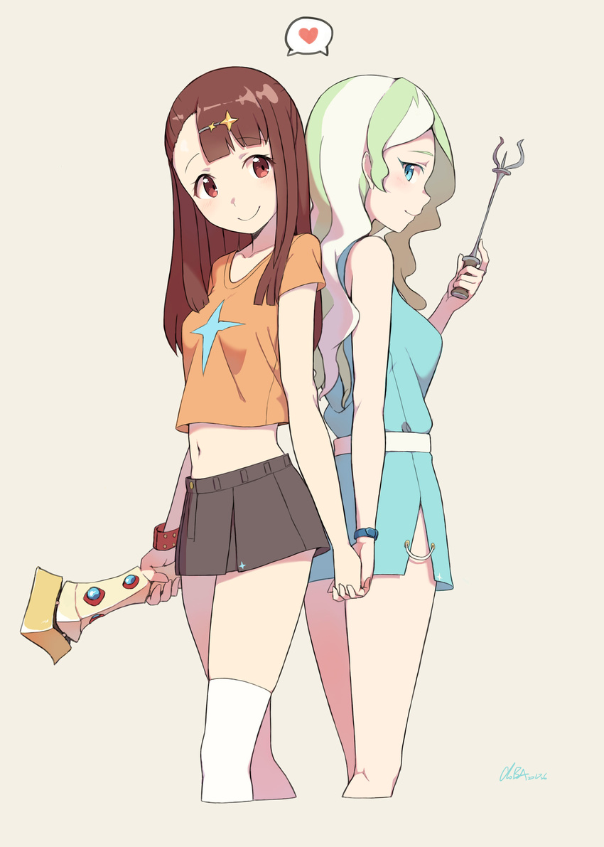 2girls absurdres alternate_costume blue_dress blue_eyes blunt_bangs breasts brown_hair casual cloba commentary_request cropped_legs diana_cavendish dress from_side half-closed_eyes heart highres holding_hands kagari_atsuko light_green_hair little_witch_academia long_hair midriff miniskirt multicolored_hair multiple_girls navel red_eyes shiny_rod_(little_witch_academia) shirt short_sleeves simple_background skirt sleeveless sleeveless_dress small_breasts smile spoken_heart staff stomach t-shirt thighhighs thought_bubble two-tone_hair wand white_background white_hair wristband yuri