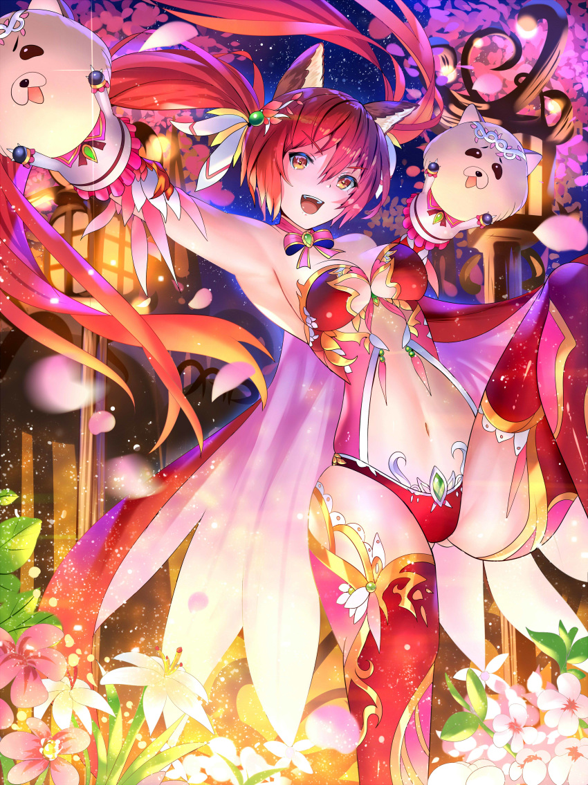 :d absurdres animal_ears armpits ass_visible_through_thighs bad_anatomy bare_shoulders breasts cerberus_(shingeki_no_bahamut) cleavage commentary_request dog_ears female floral_print flower hand_puppet highres lantern long_hair looking_at_viewer medium_breasts navel night night_sky oerba_yun_fang open_mouth outdoors petals puppet red_eyes red_hair red_thighhighs shadowverse sky smile solo standing sysen thighhighs twintails very_long_hair