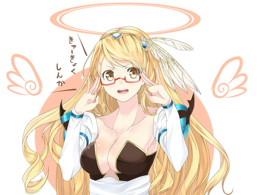 :d adjusting_eyewear archangel_(p&d) blonde_hair breasts cleavage collarbone commentary_request female glasses gochiwa halo headdress highres large_breasts long_hair open_mouth puzzle_&_dragons red-framed_eyewear semi-rimless_eyewear smile solo under-rim_eyewear v-shaped_eyebrows wings