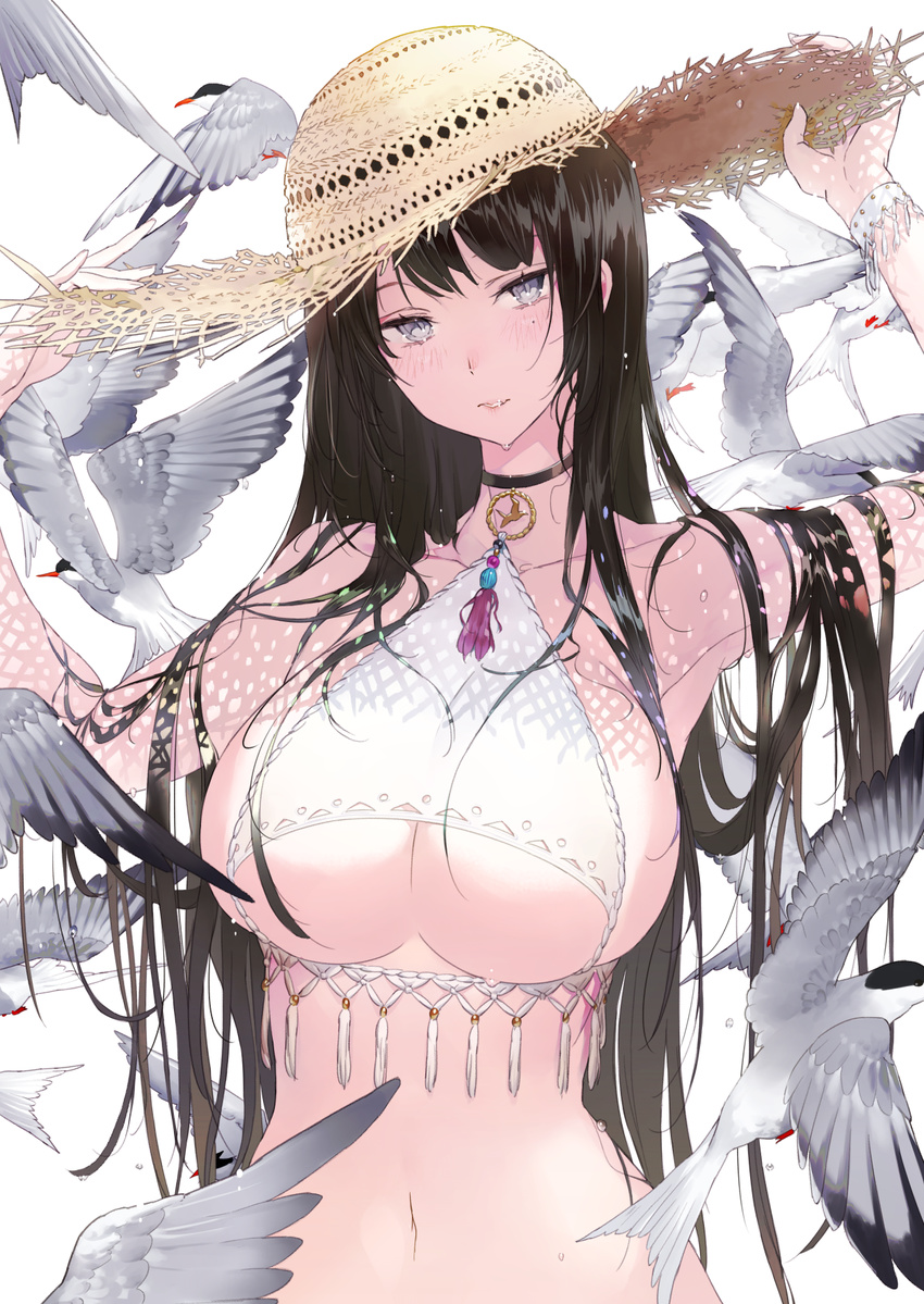 adjusting_clothes adjusting_headwear arm_up bare_shoulders bikini bird black_hair blush bracelet breasts cleavage collar collarbone commentary female grey_eyes halterneck hand_up hat highres jewelry large_breasts light_smile long_hair looking_at_viewer mole mole_under_eye navel original parted_lips revealing_clothes simple_background smile solo straw_hat sun_hat swimsuit tassel tern tonito underboob upper_body very_long_hair water_drop wet white_background white_bikini