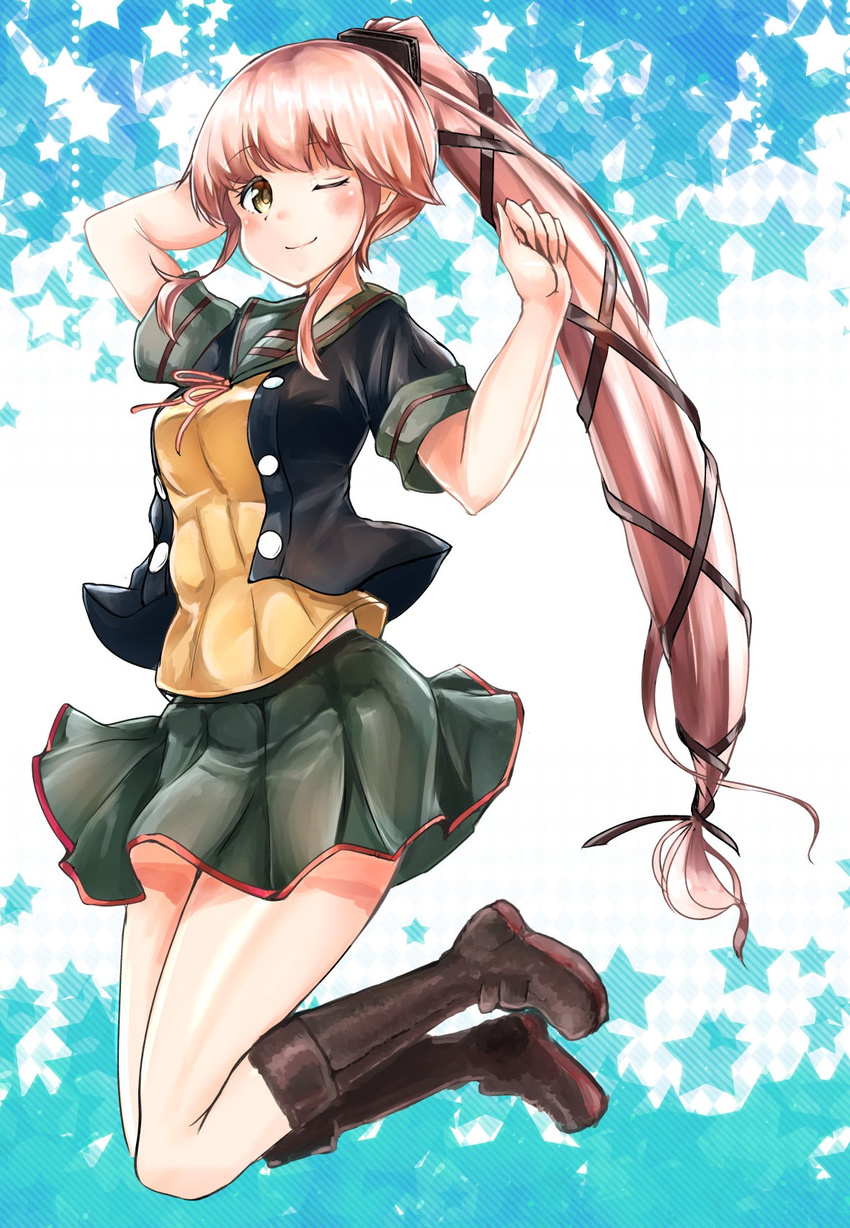 boots brown_footwear commentary_request female grey_sailor_collar grey_skirt highres kantai_collection kazu_(really_in_hot_water_now) long_hair one_eye_closed pink_hair pleated_skirt sailor_collar short_sleeves skirt smile solo very_long_hair yellow_eyes yura_(kancolle) yura_kai_ni_(kancolle)