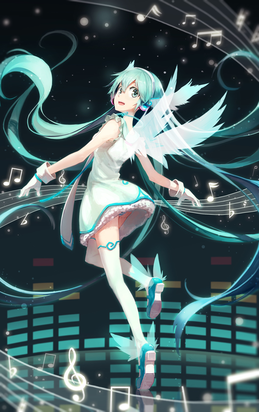 aqua_hair beamed_eighth_notes beamed_sixteenth_notes commentary_request dress female gloves green_eyes hatsune_miku headphones highres linfi-muu long_hair looking_back musical_note open_mouth panties quarter_note revision sixteenth_note solo striped_clothes striped_panties thighhighs treble_clef twintails underwear very_long_hair vocaloid wings