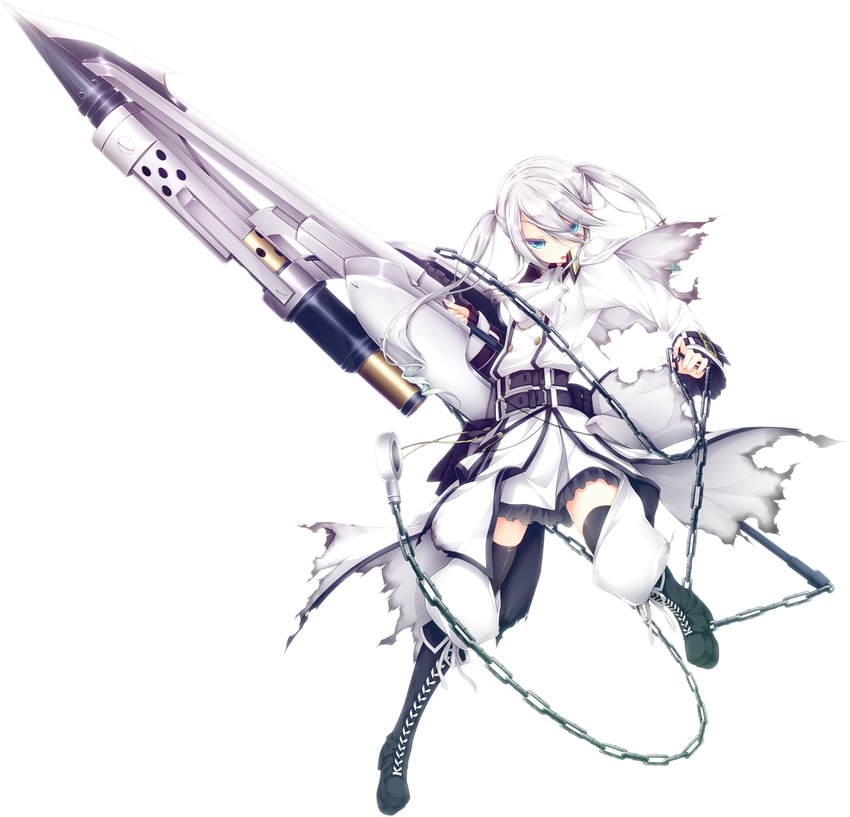 black_legwear blue_eyes boots chains commentary_request female full_body highres huge_weapon long_hair looking_at_viewer luna_lia mahou_sensou shijou_momoka silver_hair simple_background solo torn_clothes twintails weapon white_background