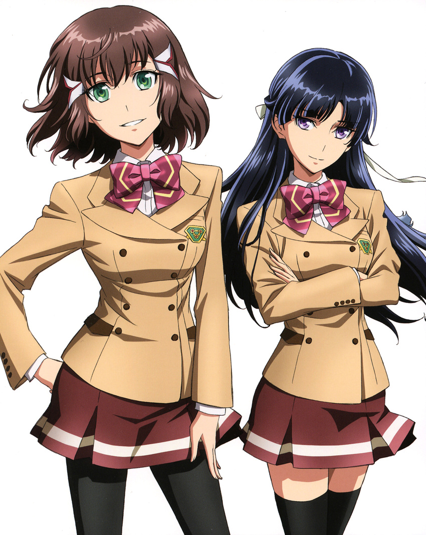 2girls black_hair black_legwear brown_hair brown_skirt crossed_arms green_eyes hair_ribbon hand_on_own_hip highres kakumeiki_valvrave long_hair multiple_girls pantyhose photoshop_(medium) pleated_skirt purple_eyes ribbon rukino_saki sashinami_shouko simple_background skirt thighhighs white_background white_ribbon