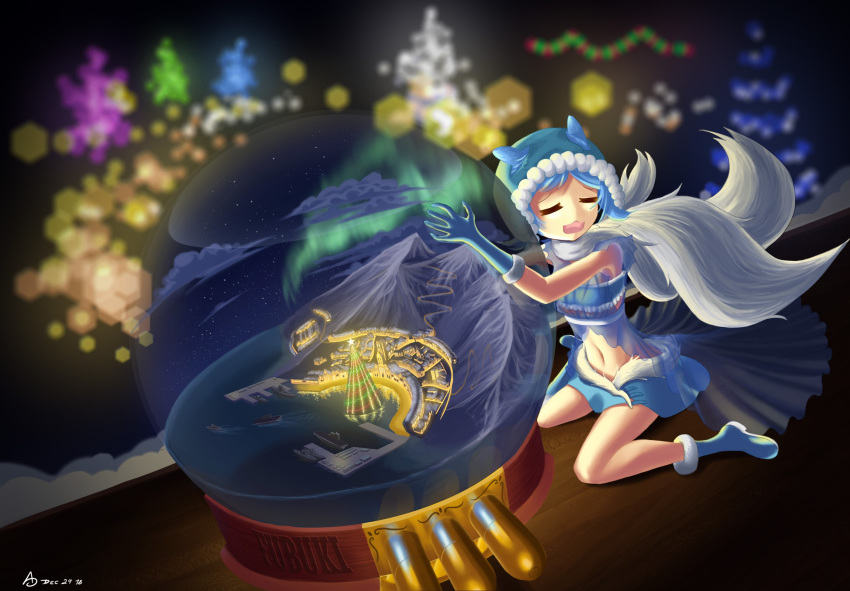 :d aircraft_carrier alternate_costume animal_ears asymmetrical_legwear aurora azur_lane bandeau blue_hair boots breasts christmas christmas_lights christmas_tree city commentary_request dated english_text female fluffy fubuki_(azur_lane) harbor highres kneeling light_blue_hair medium_breasts midriff military military_vehicle mountain navel open_mouth scarf see-through ship signature skirt smile snow_globe star_(symbol) strapless torpedo uneven_legwear uranophane warship watercraft