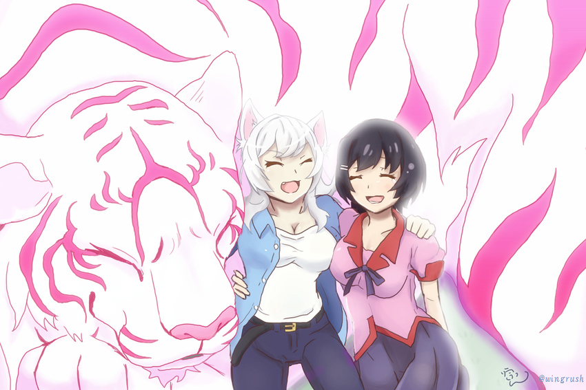 2girls animal animal_ears black_hair black_hanekawa breasts cat_ears cleavage closed_eyes commentary_request dual_persona fooring hanekawa_tsubasa kako_(monogatari) large_breasts monogatari_(series) multiple_girls naoetsu_high_school_uniform oerba_yun_fang open_mouth oversized_animal school_uniform shirt short_hair skirt tiger white_hair