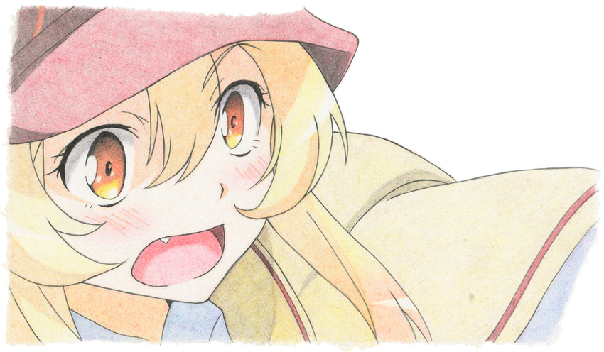 anime_coloring blonde_hair blush cabbie_hat colored_pencil_(medium) commentary_request derivative_work female hat ikkyuu_tensai jinjin-roririn long_hair orange_eyes ryuugajou_nanana_no_maizoukin solo traditional_media