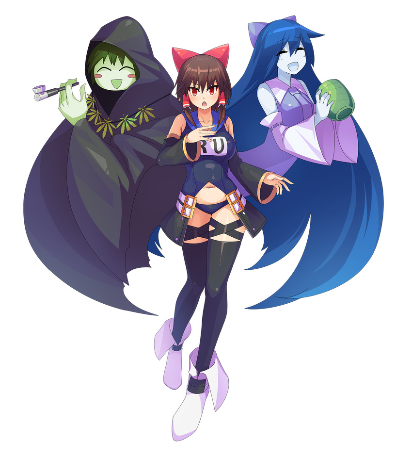 3girls :d =_= ^_^ alison_(alison_airlines)_(character) belly black_eyes black_thighhighs blue_hair blue_skin blush blush_stickers boots bow breasts brown_hair cloak closed_eyes colored_skin commentary_request cookie_(touhou) cosplay cup detached_sleeves dizzy_(guilty_gear) dizzy_(guilty_gear)_(cosplay) full_body green_hair green_skin guilty_gear guilty_gear_xrd hair_between_eyes hair_tubes hairbow hakurei_reimu highres holding holding_cup holding_smoking_pipe hood hood_up large_breasts long_hair long_sleeves looking_at_viewer marijuana midriff multiple_girls name_tag navel open_mouth parody purple_bow red_bow red_eyes reu_(cookie) ribbon-trimmed_sleeves ribbon_trim school_swimsuit short_hair sidelocks smile smoking_pipe standing stomach swimsuit tarmo thighhighs touhou transparent_background tsurime very_long_hair white_footwear wide_sleeves yunomi