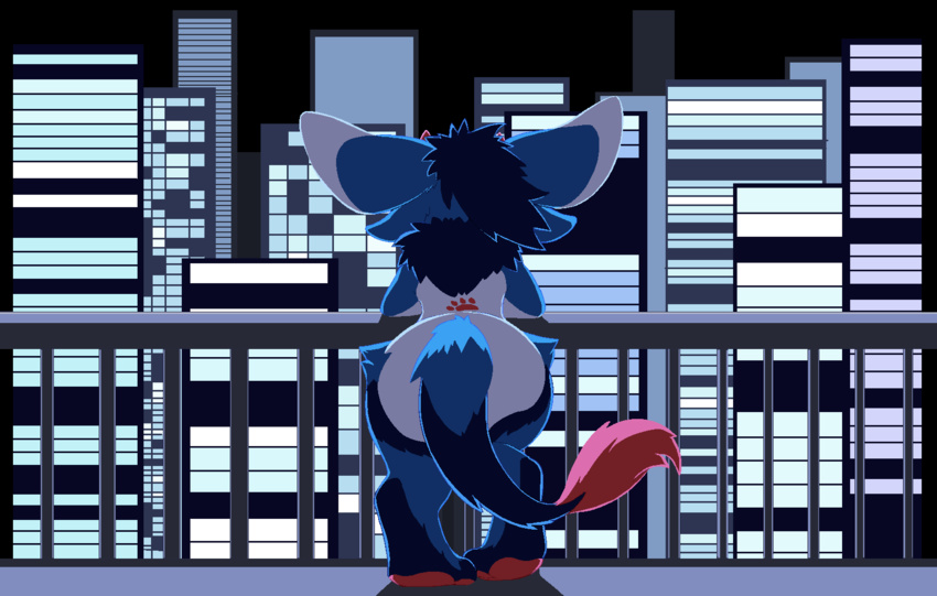 2018 aliasing anthro blue_body blue_fur blue_hair blue_theme building city digital_media_(artwork) faceless_character faceless_female female feridae fur hair hi_res horn leaning naughty_(pata) night nude outside pata railing rear_view solo white_body white_fur