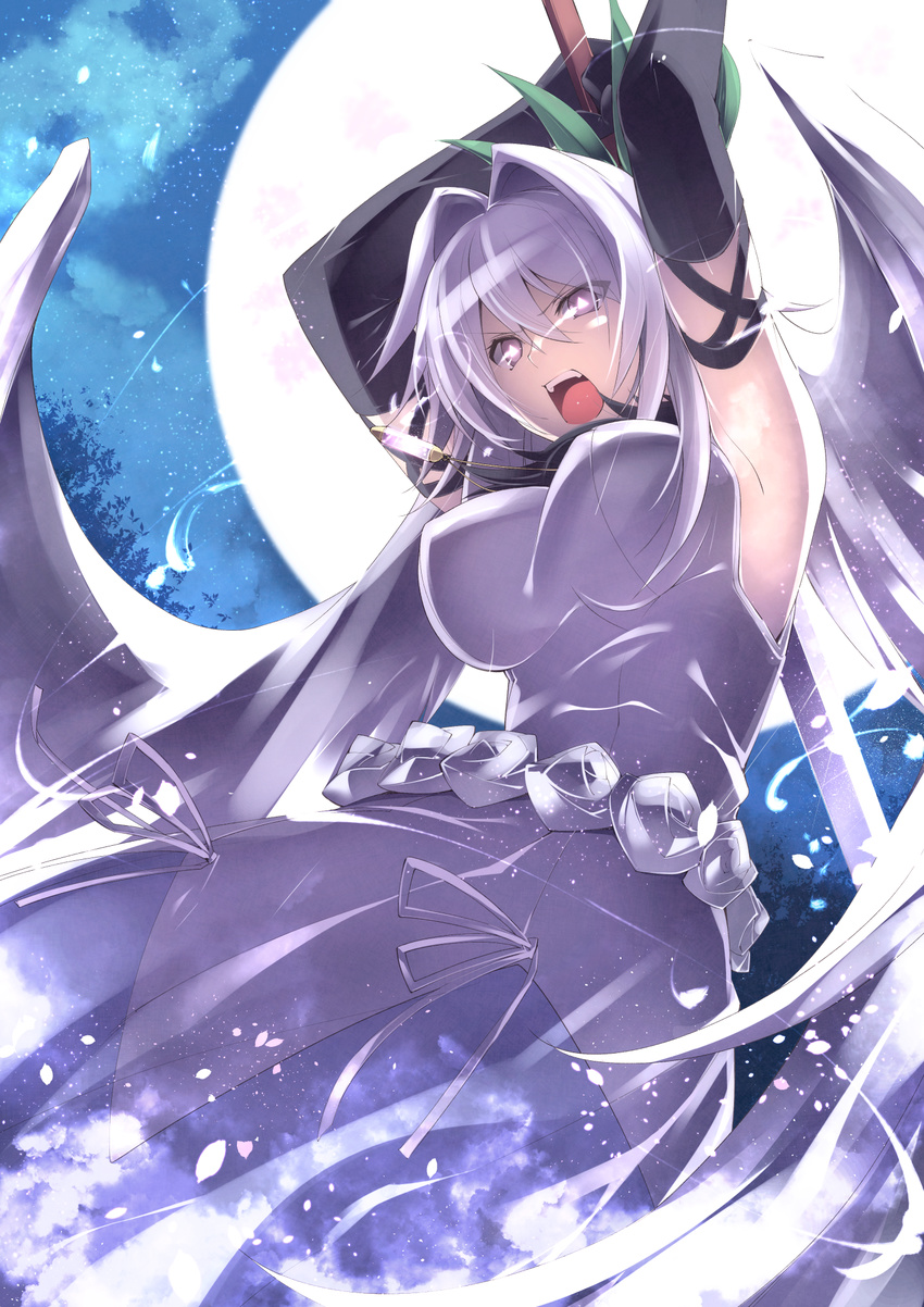 armpits arms_behind_head arms_up bare_shoulders black_gloves breasts commentary_request dress elbow_gloves engi_threepiece female full_moon gloves hair_between_eyes highres hijiki_meshi impossible_clothes impossible_dress jewelry large_breasts long_hair looking_at_viewer moon night night_sky open_mouth pendant petals purple_eyes shouting silver_hair sky sleeveless sleeveless_dress solo sword symbol-shaped_pupils teeth triangle-shaped_pupils weapon white_dress wings yumekui_merry