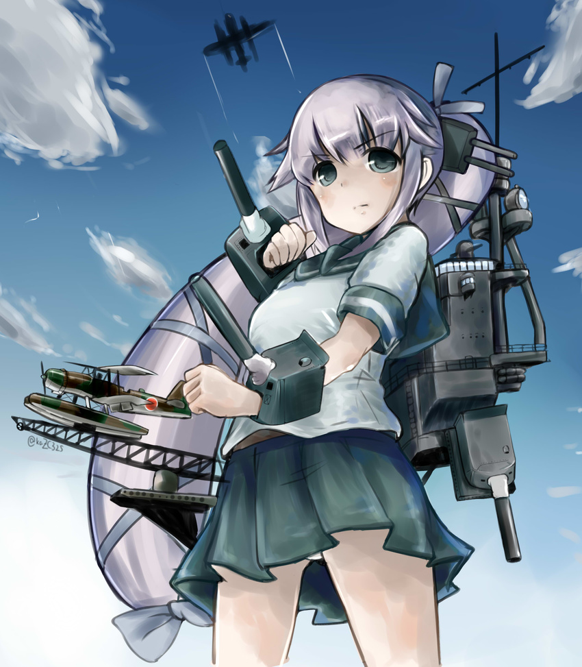 absurdres blouse blue_sky cannon cloud commentary_request day female green_eyes hair_ornament hair_ribbon highres kantai_collection kazu_(really_in_hot_water_now) long_hair machinery panties pink_hair pleated_skirt ponytail ribbon school_uniform seaplane serafuku shirt skirt sky smile solo turret underwear very_long_hair white_panties yura_(kancolle)