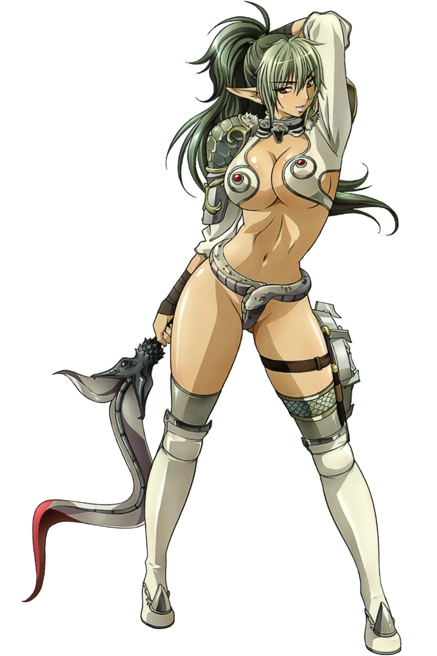 arm_up armor breasts brown_hair cleavage contrapposto echidna_(queen's_blade) female full_body green_hair highres large_breasts long_hair looking_at_viewer midriff navel photoshop_(medium) pointy_ears ponytail queen's_blade rin-sin simple_background snake solo standing sword veteran_mercenary_echidna weapon white_background