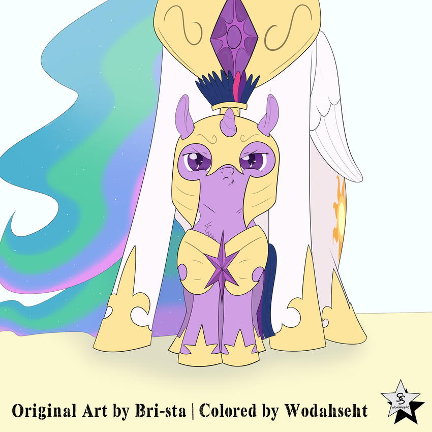 1:1 2015 absurd_res armor bri-sta cutie_mark duo english_text equid equine feathered_wings feathers female friendship_is_magic fur hair hasbro hi_res horn looking_at_viewer mammal multicolored_hair my_little_pony mythological_creature mythological_equine mythology pegasus princess_celestia_(mlp) purple_body purple_eyes purple_fur purple_hair text twilight_sparkle_(mlp) two_tone_hair unicorn white_body white_fur wings wodahseht