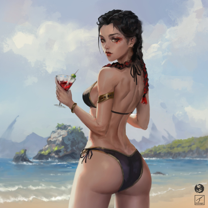 amber_eyes apex_legends artdragor ass beach big_ass big_butt bikini braided_hair face_markings female latina loba loba_(apex_legends) loba_andrade looking_at_viewer looking_back solo solo_female