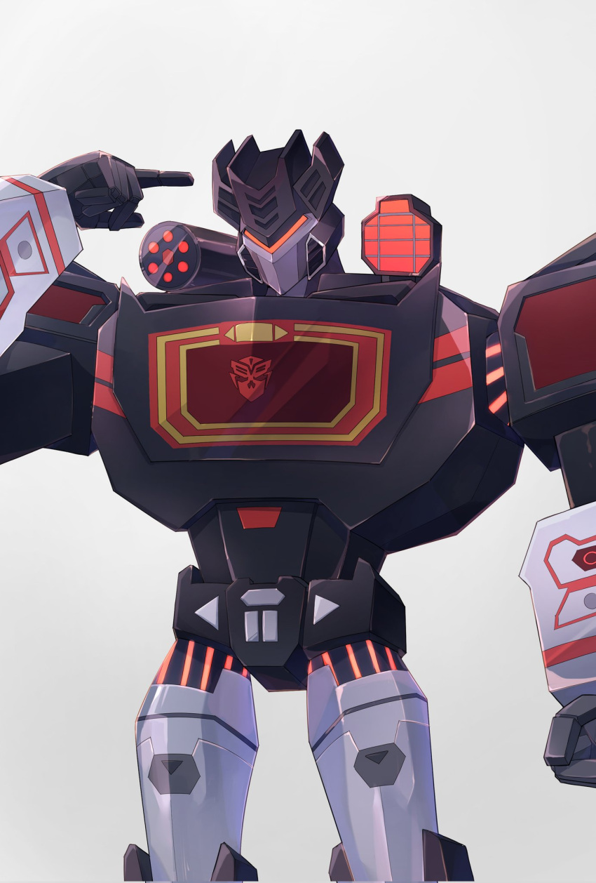 1boy armor black_armor cowboy_shot cropped_legs english_commentary evil_eyes expressionless highres hinomoto_gen male_focus mecha mercenary_(transformers) pause_button play_button red_eyes robot shoulder_cannon soundblaster symbol transformers transformers_cyberverse white_background