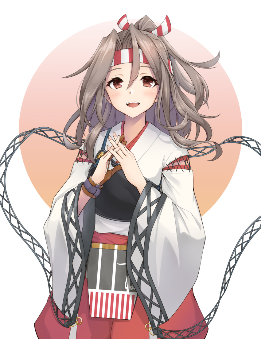 brown_eyes brown_gloves female gloves hachimaki hair_between_eyes hakama hakama_shorts headband high_ponytail highres japanese_clothes kantai_collection kodama_(mmt_uf) light_brown_hair long_hair muneate partially_fingerless_gloves red_hakama shorts single_glove solo wide_sleeves zuihou_(kancolle) zuihou_kai_ni_(kancolle)