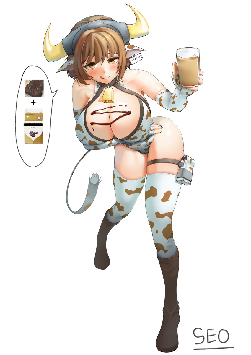 :p animal_ears animal_print bell blush boots breasts brown_eyes brown_hair brownie_(last_origin) cleavage coffee_milk collar commentary_request cow_ears cow_girl cow_horns cow_print ear_tag elbow_gloves female glass gloves highres horns korean_commentary korean_text large_breasts last_origin leotard looking_at_viewer milk neck_bell seo_(tqhgud016) short_hair signature simple_background solo spoken_food thighhighs tongue tongue_out white_background