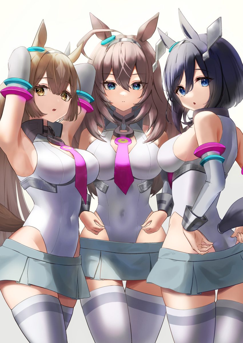 3girls :o absurdres adjusting_clothes animal_ears armpits arms_behind_head arms_up ass bare_shoulders black_hair blue_eyes breasts brown_hair closed_mouth cosplay covered_navel cowboy_shot detached_sleeves eishin_flash_(umamusume) grey_hairband grey_leotard grey_skirt grey_thighhighs hair_between_eyes hairband highres horse_ears horse_girl horse_tail hoshinopurin impossible_clothes impossible_leotard large_breasts leotard long_hair long_sleeves looking_at_viewer mihono_bourbon_(umamusume) mihono_bourbon_(umamusume)_(cosplay) miniskirt multiple_girls open_mouth satono_diamond_(umamusume) short_hair sideboob simple_background skirt tail thigh_gap thighhighs umamusume very_long_hair white_background yellow_eyes zettai_ryouiki