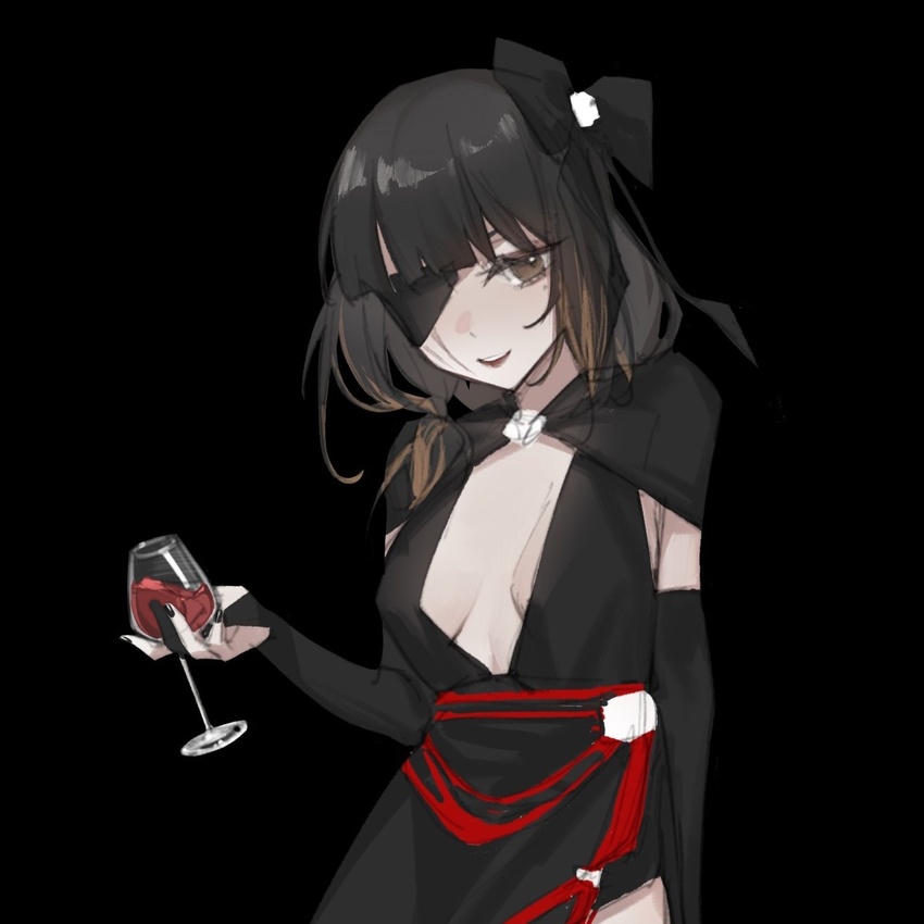 alcohol black_background black_bridal_gauntlets black_dress black_hair bow breasts bridal_gauntlets brown_eyes cleavage cup dress drinking_glass elbow_gloves eyepatch female girls'_frontline gloves hairbow highres holding holding_cup long_hair looking_at_viewer m16a1_(blazer_of_the_trail)_(girls'_frontline) m16a1_(girls'_frontline) mole mole_under_eye scar scar_on_face simple_background smile solo taiyang_ami upper_body wine wine_glass