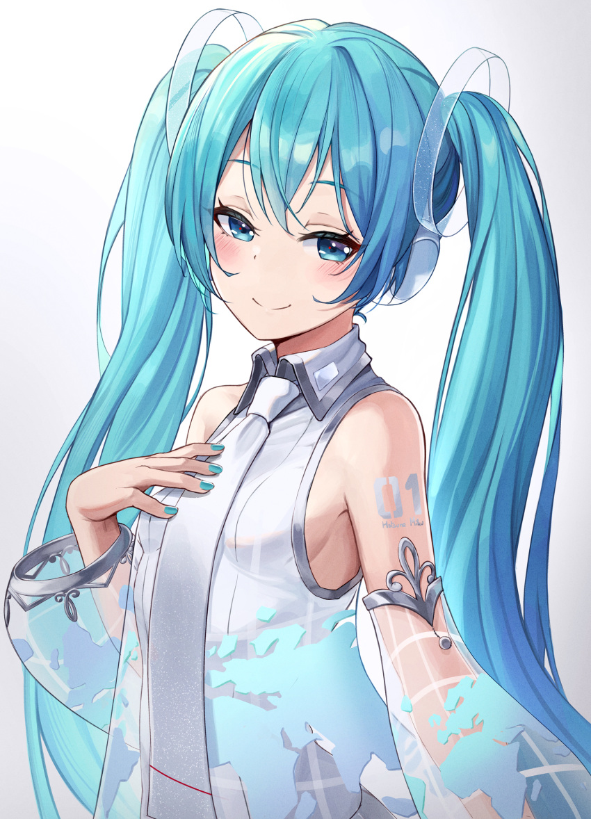 aqua_eyes aqua_hair aqua_nails bare_shoulders bib_(bibboss39) blue_hair blush breasts closed_mouth collared_shirt commentary detached_sleeves dress english_commentary eyebrows_hidden_by_hair female gradient_necktie grey_shirt hand_on_own_chest hatsune_miku hatsune_miku_expo highres long_hair long_sleeves looking_at_viewer map_print nail_polish necktie number_tattoo see-through see-through_dress see-through_sleeves shirt sideboob simple_background sleeveless sleeveless_shirt smile solo standing tattoo twintails upper_body vocaloid white_background white_necktie wide_sleeves