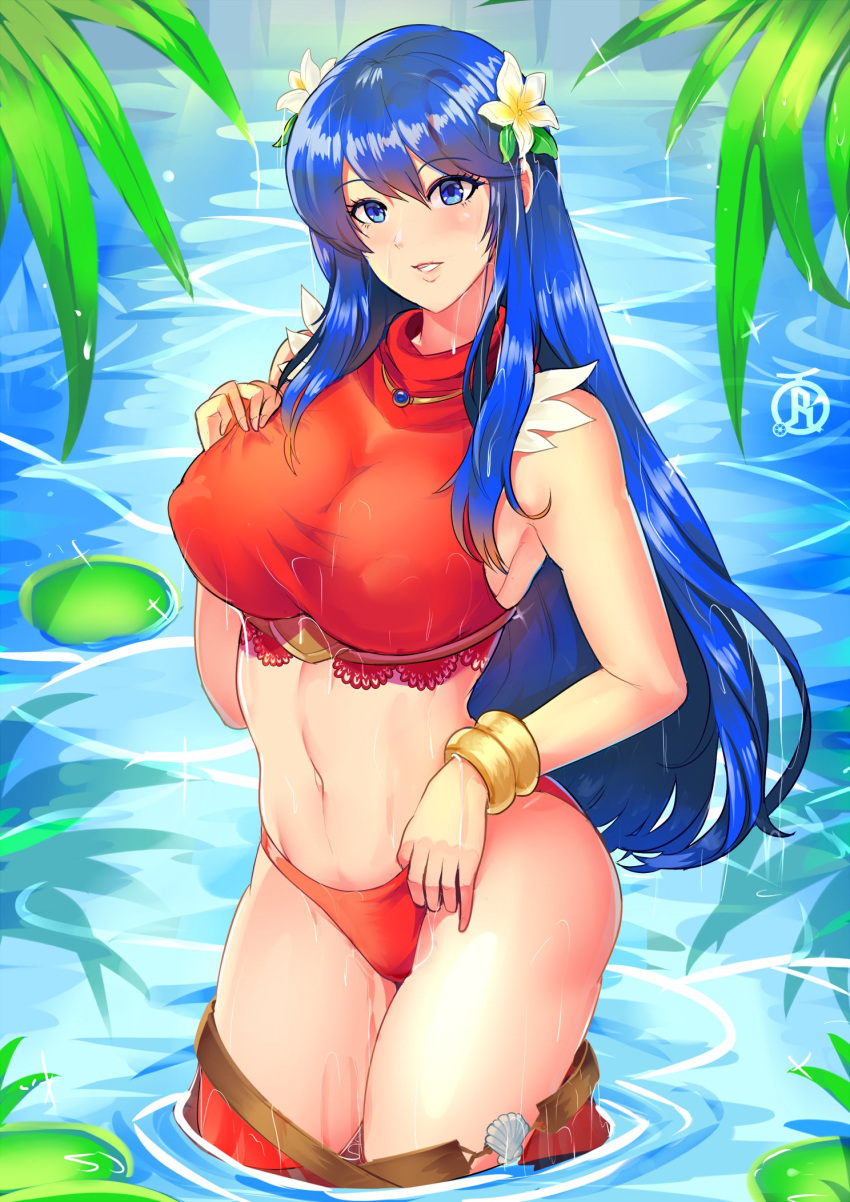 bare_shoulders bikini blue_eyes blue_hair breasts caeda_(fire_emblem) caeda_(summer)_(fire_emblem) clothes_pull commentary daffodil english_commentary female fire_emblem fire_emblem:_mystery_of_the_emblem fire_emblem_heroes flower highres jewelry large_breasts leaf navel necklace official_alternate_costume red_bikini revolverwing skirt skirt_pull solo stomach swimsuit wading water wet