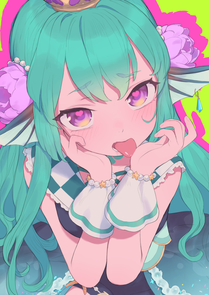 :p absurdres aqua_hair blush commentary crown english_commentary female finana_ryugu finana_ryugu_(1st_costume) fins fish_girl flower green_background hair_flower hair_ornament head_fins heart heart-shaped_pupils highres long_hair looking_at_viewer naughty_face nijisanji nijisanji_en open_mouth pumpkinspicelatte purple_eyes solo symbol-shaped_pupils tongue tongue_out upper_body virtual_youtuber wrist_cuffs