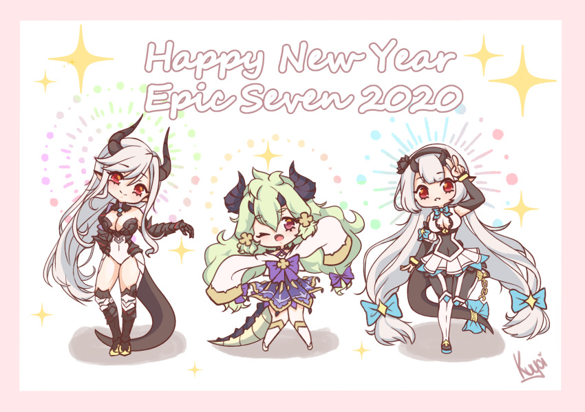 2020 3girls ;d alencia_(epic_seven) armored_boots armored_leotard aunt_and_niece bare_shoulders black_hairband black_horns black_legwear black_sleeves blue_bow boots border bow bracelet breasts chains chibi cleavage commentary covered_navel detached_sleeves dragon_girl dragon_horns dragon_tail dress english_commentary epic_seven firework_background flat_chest forehead_jewel full_body gauntlets green_hair hair_ornament hairband hand_up happy_new_year head_tilt highres horns jewelry kuyoi large_breasts leotard long_hair low-tied_long_hair luna_(epic_seven) multiple_girls new_year oerba_yun_fang one_eye_closed open_mouth pink_border pointy_ears purple_bow purple_dress red_eyes shadow siblings sidelocks signature silver_dress sisters sleeves_past_wrists smile sparkle tail tail_bow tail_ornament tail_ring thick_eyebrows thighhighs underbust v very_long_hair white_background white_footwear white_hair white_leotard white_sleeves x_hair_ornament yufine_(epic_seven)