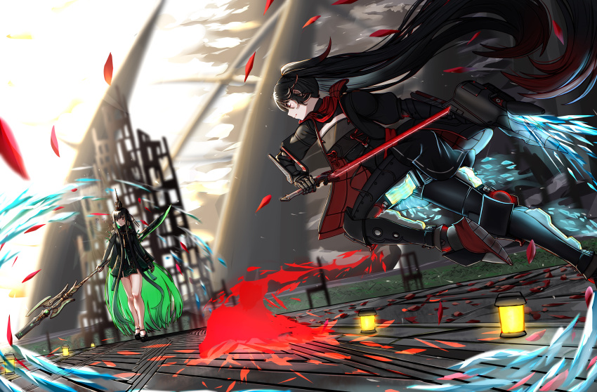 2girls 995080356 absurdres black_dress black_hair black_jacket colored_inner_hair crown dress gradient_hair green_hair highres holding holding_polearm holding_sword holding_weapon jacket long_hair lucia:_plume_(punishing:_gray_raven) lucia_(punishing:_gray_raven) mechanical_arms mechanical_legs multicolored_hair multiple_girls polearm ponytail punishing:_gray_raven qu_(punishing:_gray_raven) red_hair science_fiction sword weapon