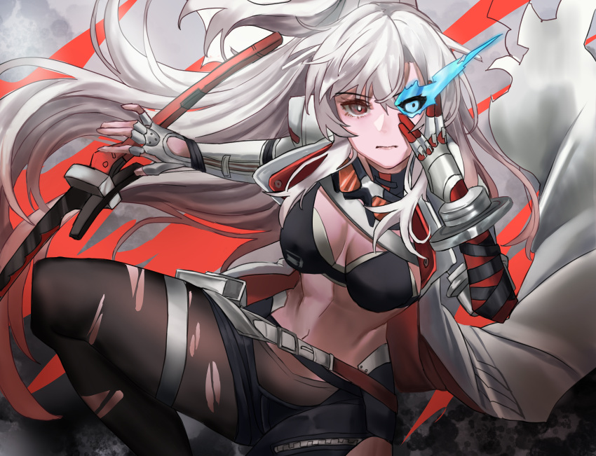 absurdres alpha_(punishing:_gray_raven) black_bra black_pantyhose bra breasts female flaming_eye grey_hair highres jacket katana long_hair lucia:_crimson_weave_(punishing:_gray_raven) mechanical_arms medium_breasts mochigana navel pantyhose ponytail punishing:_gray_raven red_eyes solo sword torn_clothes torn_pantyhose underwear weapon white_jacket