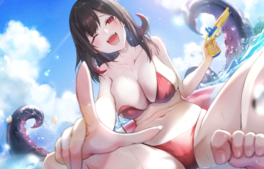 azur_lane bare_shoulders barefoot bikini bird black_hair blue_sky breasts chick cloud female foot_out_of_frame highres holding holding_water_gun kai_(ootamuno12) large_breasts manjuu_(azur_lane) medium_hair navel official_alternate_costume one_eye_closed open_mouth outdoors red_bikini red_eyes royal_fortune_(azur_lane) royal_fortune_(eyes_on_the_prize)_(azur_lane) sharp_teeth sky smile stomach suction_cups swimsuit teeth tentacle tentacle_hair toe_scrunch toenails toes water water_gun